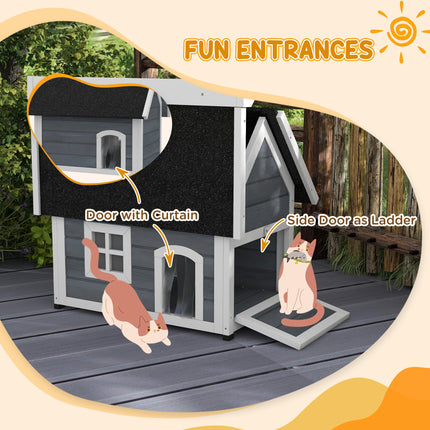 Outdoor Wooden Cat House with Three Doors and Openable Asphalt Roof - Grey