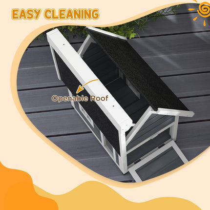 Outdoor Wooden Cat House with Three Doors and Openable Asphalt Roof - Grey