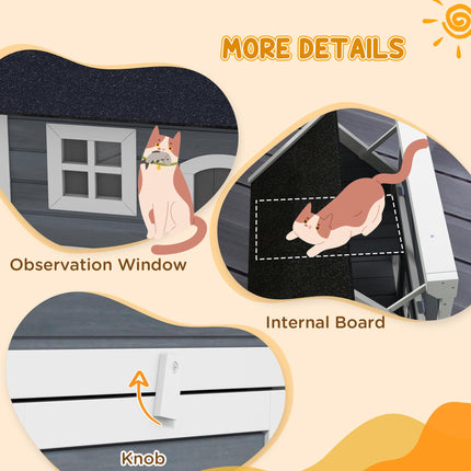 Outdoor Wooden Cat House with Three Doors and Openable Asphalt Roof - Grey