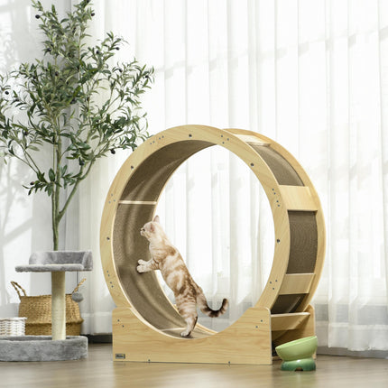 Cat Wheel with Brake and Replaceable Scratching Pads for Cats Under 5kg - Oak Tone