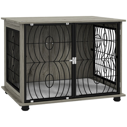 Indoor Medium Dog Crate End Table with Lockable Door and Washable Cushion - Grey Wood Effect