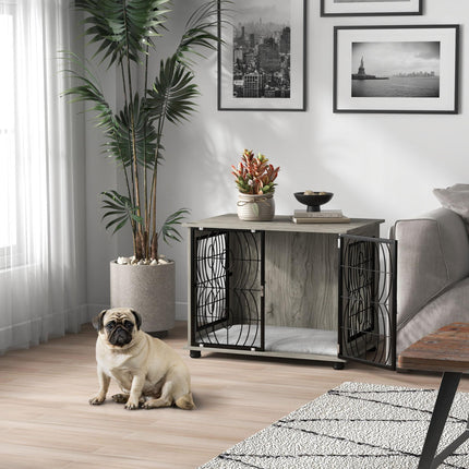 Indoor Medium Dog Crate End Table with Lockable Door and Washable Cushion - Grey Wood Effect