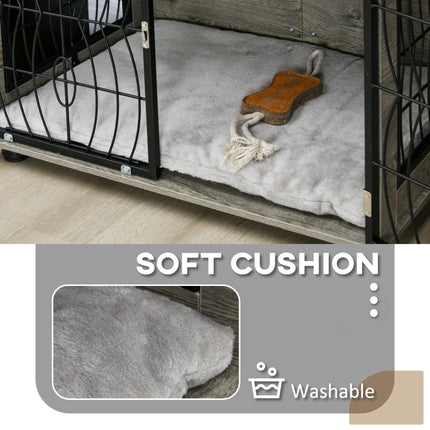 Indoor Medium Dog Crate End Table with Lockable Door and Washable Cushion - Grey Wood Effect
