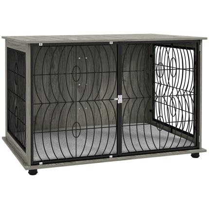 Extra Large Dog Crate Furniture End Table with Plush Washable Cushion and Lockable Door - Grey Wood Effect