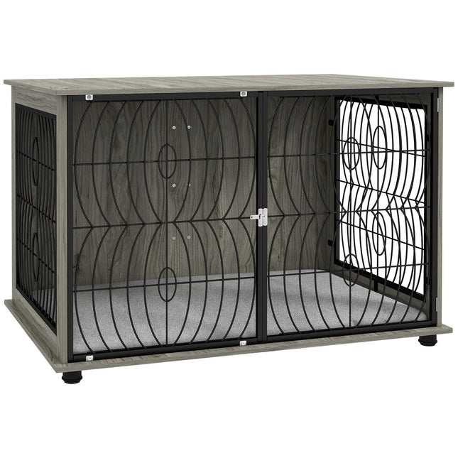 Extra Large Dog Crate Furniture End Table with Plush Washable Cushion and Lockable Door - Grey Wood Effect