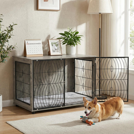 Extra Large Dog Crate Furniture End Table with Plush Washable Cushion and Lockable Door - Grey Wood Effect