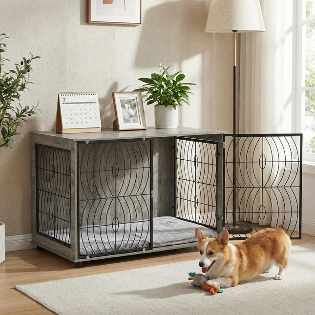 Extra Large Dog Crate Furniture End Table with Plush Washable Cushion and Lockable Door - Grey Wood Effect