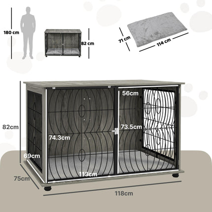 Extra Large Dog Crate Furniture End Table with Plush Washable Cushion and Lockable Door - Grey Wood Effect
