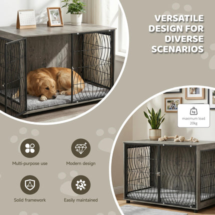 Extra Large Dog Crate Furniture End Table with Plush Washable Cushion and Lockable Door - Grey Wood Effect