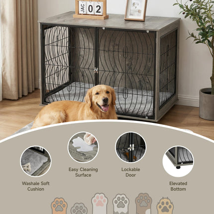 Extra Large Dog Crate Furniture End Table with Plush Washable Cushion and Lockable Door - Grey Wood Effect
