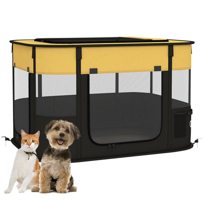 Foldable Portable Dog Pen with Storage Bag and Ground Stakes for Indoor Outdoor Use - Yellow