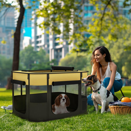 Foldable Portable Dog Pen with Storage Bag and Ground Stakes for Indoor Outdoor Use - Yellow