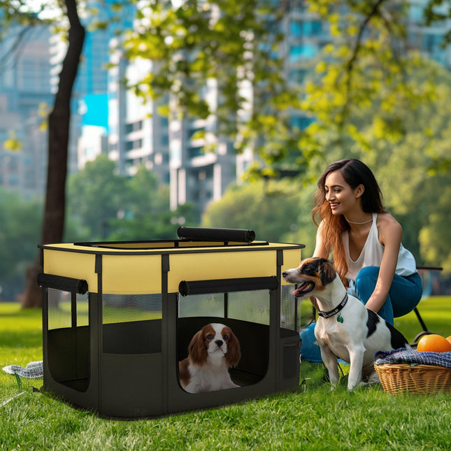 Foldable Portable Dog Pen with Storage Bag and Ground Stakes for Indoor Outdoor Use - Yellow