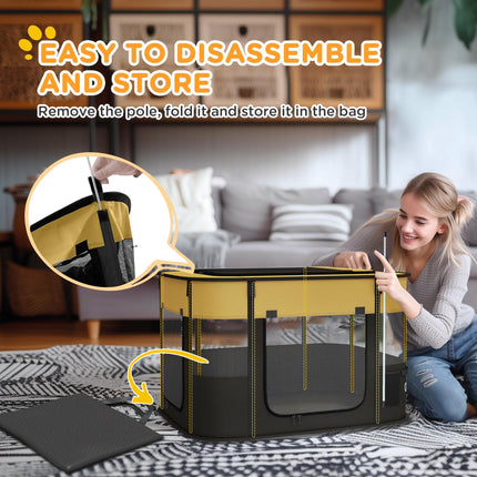 Foldable Portable Dog Pen with Storage Bag and Ground Stakes for Indoor Outdoor Use - Yellow