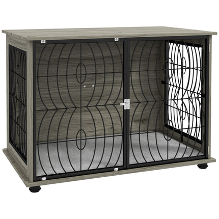 Dog Crate Furniture End Table for Large Dogs with Plush Washable Cushion and Lockable Door - Grey Wood Effect