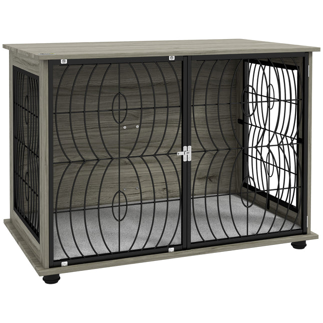 Dog Crate Furniture End Table for Large Dogs with Plush Washable Cushion and Lockable Door - Grey Wood Effect