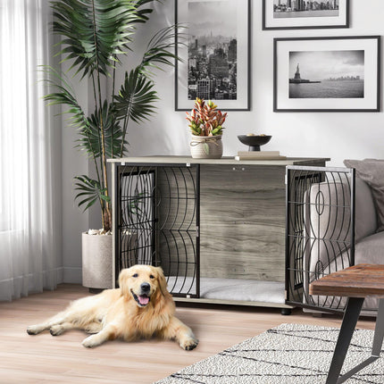 Dog Crate Furniture End Table for Large Dogs with Plush Washable Cushion and Lockable Door - Grey Wood Effect