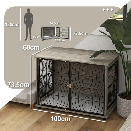 Dog Crate Furniture End Table for Large Dogs with Plush Washable Cushion and Lockable Door - Grey Wood Effect