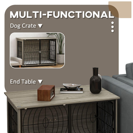 Dog Crate Furniture End Table for Large Dogs with Plush Washable Cushion and Lockable Door - Grey Wood Effect
