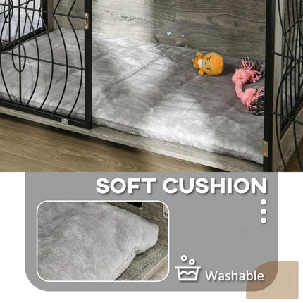 Dog Crate Furniture End Table for Large Dogs with Plush Washable Cushion and Lockable Door - Grey Wood Effect