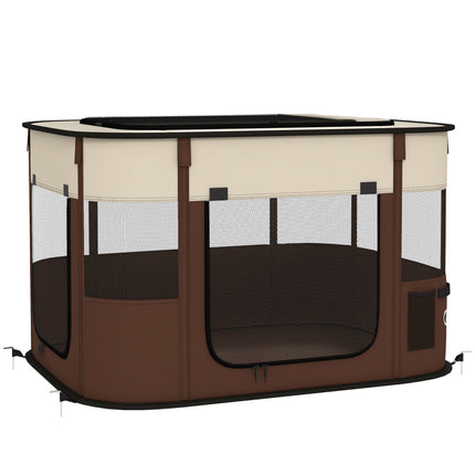 Foldable Portable Dog Pen with Ground Stakes and Storage Bag for Indoor Outdoor Use - Brown
