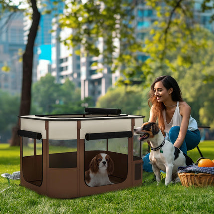 Foldable Portable Dog Pen with Ground Stakes and Storage Bag for Indoor Outdoor Use - Brown