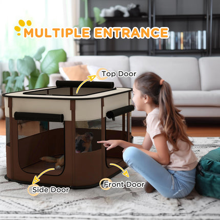 Foldable Portable Dog Pen with Ground Stakes and Storage Bag for Indoor Outdoor Use - Brown