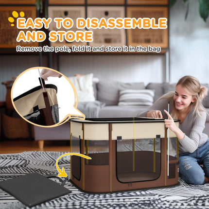 Foldable Portable Dog Pen with Ground Stakes and Storage Bag for Indoor Outdoor Use - Brown