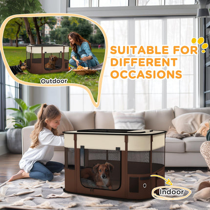 Foldable Portable Dog Pen with Ground Stakes and Storage Bag for Indoor Outdoor Use - Brown
