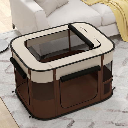 Foldable Portable Dog Pen with Ground Stakes and Storage Bag for Indoor Outdoor Use - Brown