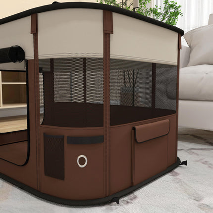 Foldable Portable Dog Pen with Ground Stakes and Storage Bag for Indoor Outdoor Use - Brown