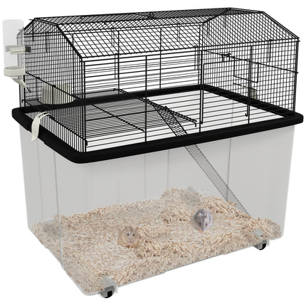 Two-Tier Hamster and Gerbil Cage with Wheels, Food Dish & Water Bottle - Black