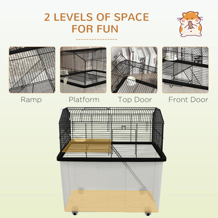 Two-Tier Hamster and Gerbil Cage with Wheels, Food Dish & Water Bottle - Black