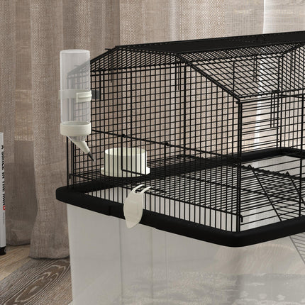 Two-Tier Hamster and Gerbil Cage with Wheels, Food Dish & Water Bottle - Black