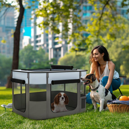 Foldable Portable Dog Playpen with Storage Bag and Ground Stakes for Indoor Outdoor Use - Grey