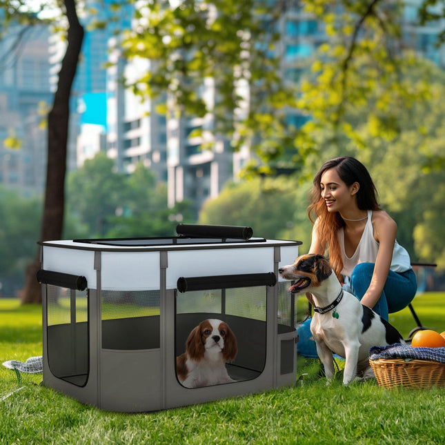 Foldable Portable Dog Playpen with Storage Bag and Ground Stakes for Indoor Outdoor Use - Grey