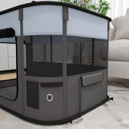 Foldable Portable Dog Playpen with Storage Bag and Ground Stakes for Indoor Outdoor Use - Grey