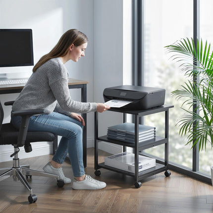 Three-Tier Steel Printer Stand with Wheels for Office Storage - Black