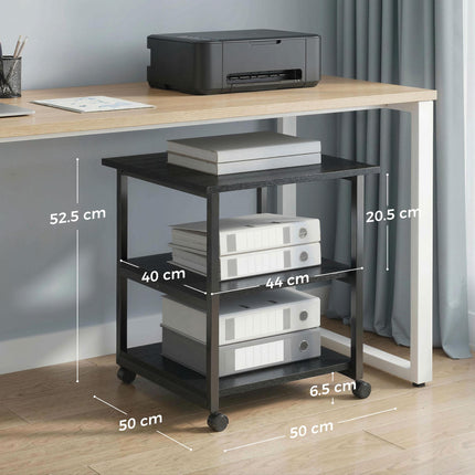 Three-Tier Steel Printer Stand with Wheels for Office Storage - Black