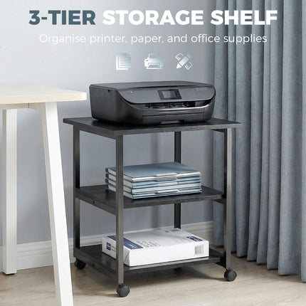 Three-Tier Steel Printer Stand with Wheels for Office Storage - Black