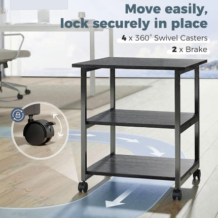 Three-Tier Steel Printer Stand with Wheels for Office Storage - Black