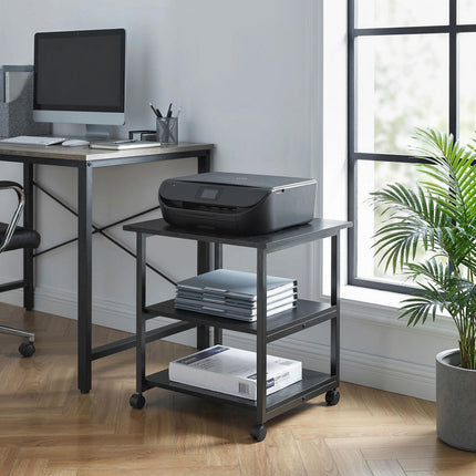 Three-Tier Steel Printer Stand with Wheels for Office Storage - Black