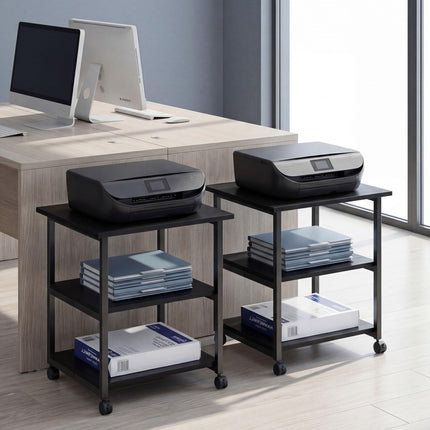 Three-Tier Steel Printer Stand with Wheels for Office Storage - Black