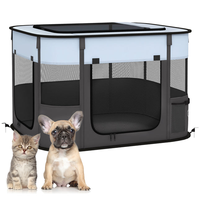 Foldable Portable Dog Pen with Storage Bag and Ground Stakes for Indoor Outdoor Use - Grey