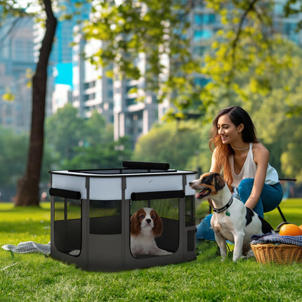 Foldable Portable Dog Pen with Storage Bag and Ground Stakes for Indoor Outdoor Use - Grey