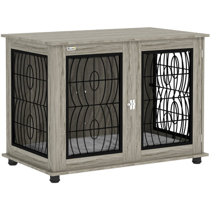 Indoor Dog Crate Furniture End Table with Lockable Door and Washable Cushion for Large Dogs - Grey