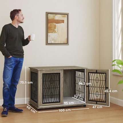 Indoor Dog Crate Furniture End Table with Lockable Door and Washable Cushion for Large Dogs - Grey