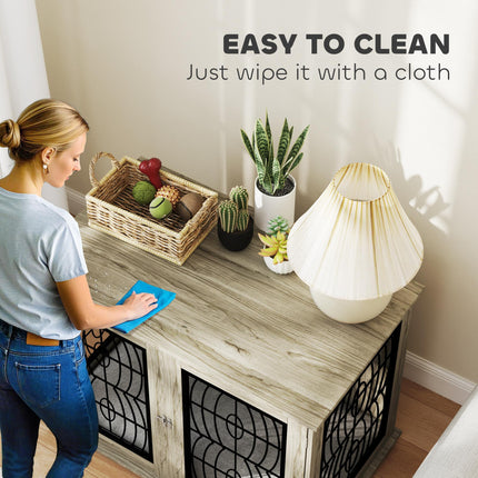 Indoor Dog Crate Furniture End Table with Lockable Door and Washable Cushion for Large Dogs - Grey