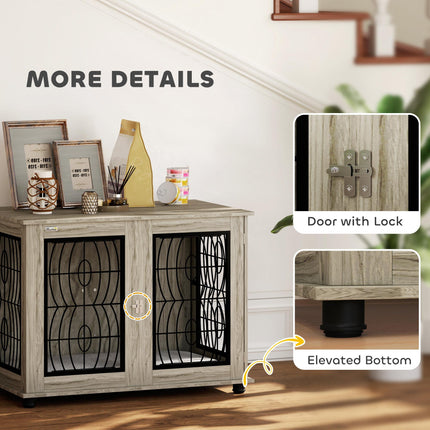 Indoor Dog Crate Furniture End Table with Lockable Door and Washable Cushion for Large Dogs - Grey