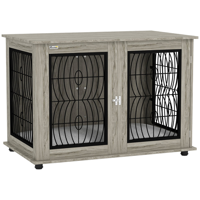 Extra Large Indoor Dog Crate Furniture End Table with Lockable Door and Washable Cushion - Grey